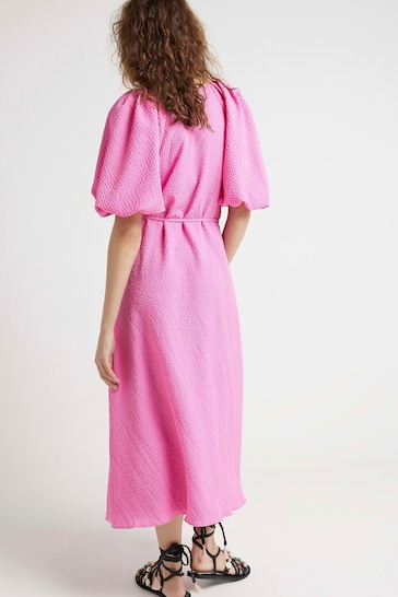 River Island Pink Medium Puff Belted Texture Dress