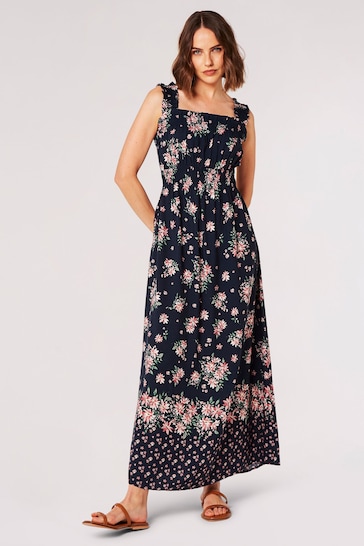 Apricot Navy Blue Floral Smocked Milkmaid Maxi Dress