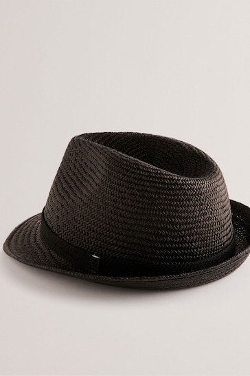 Ted Baker Black Panns Straw Trilby Webbing Trim Hat