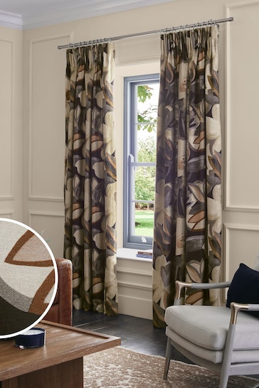 Navy Blue Collection Luxe Linen Blend Contemporary Floral Pencil Pleat Lined Curtains