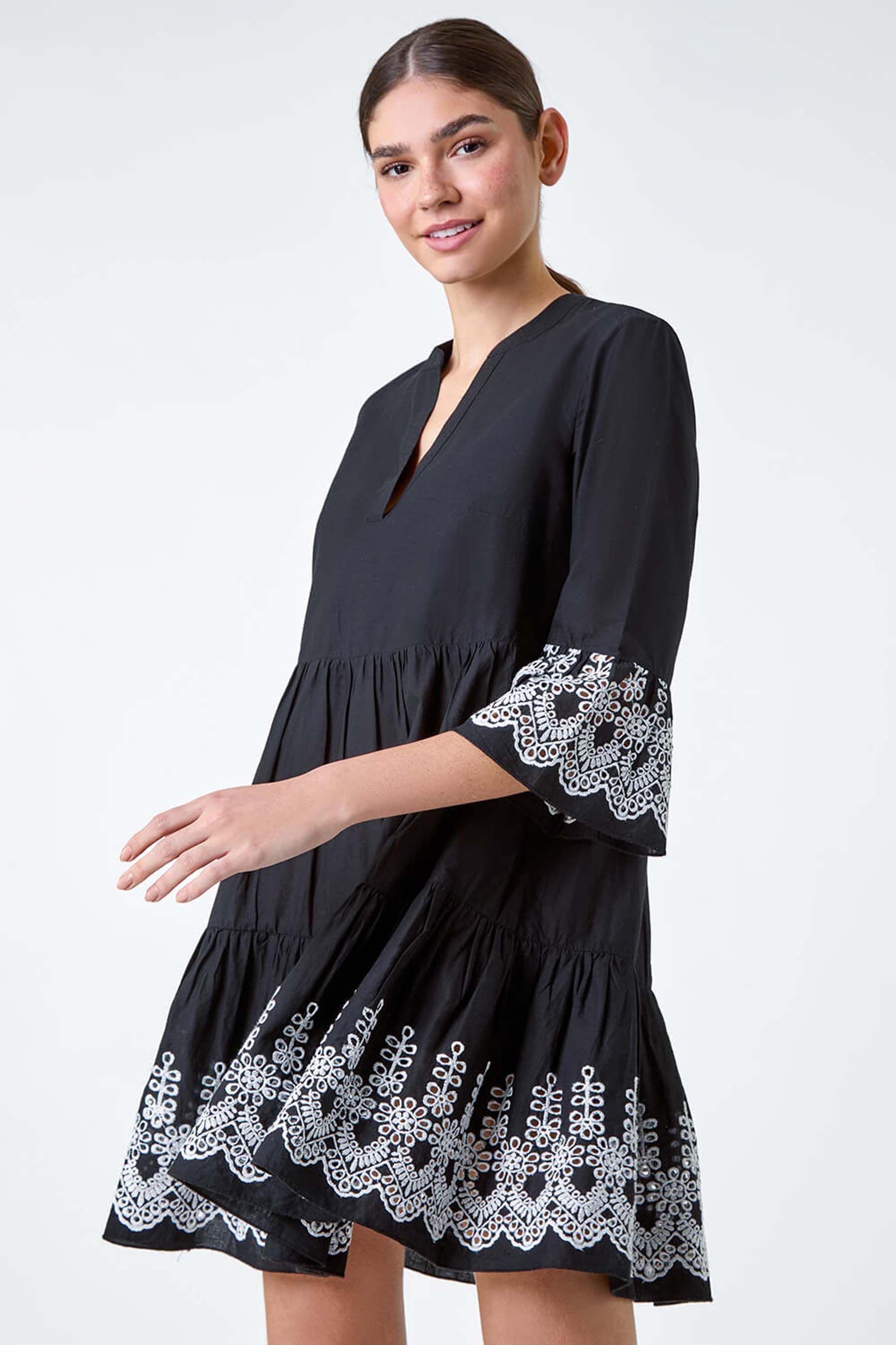 Roman Black Embroidered 100 Cotton Smock Dress