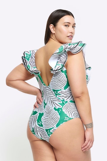 River Island Green Curve Frill Plunge Swimsuit