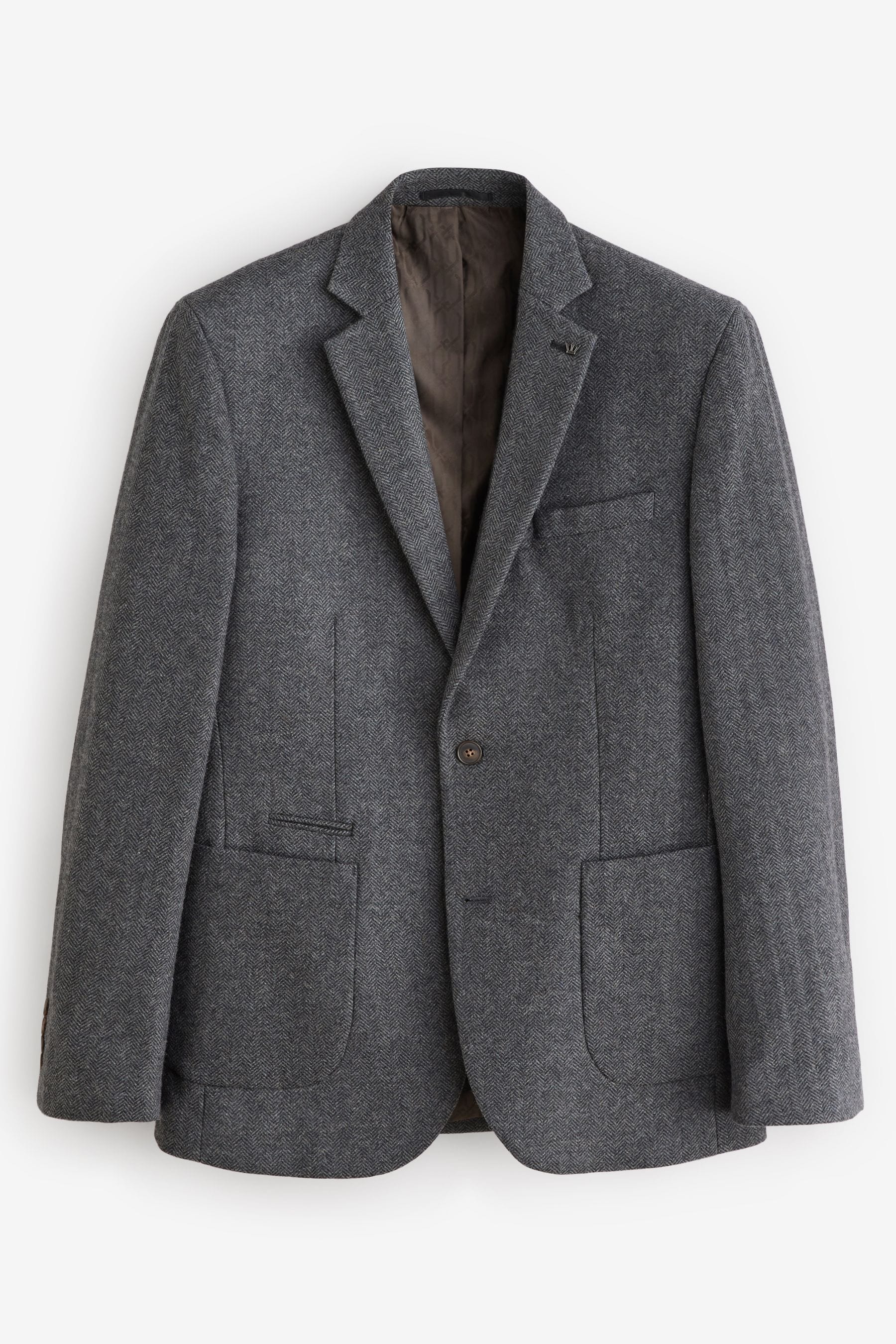 Charcoal Grey Slim Fit Wool Rich Herringbone Blazer