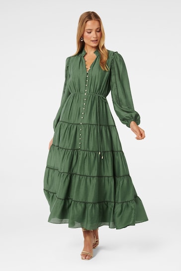Forever New Green Jessie Button Down Midi Dress With A Touch of Linen