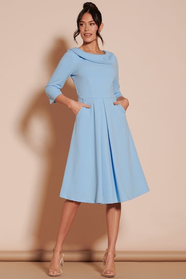 Jolie Moi Light Blue 3/4 Sleeve Fold Neck Midi Dress