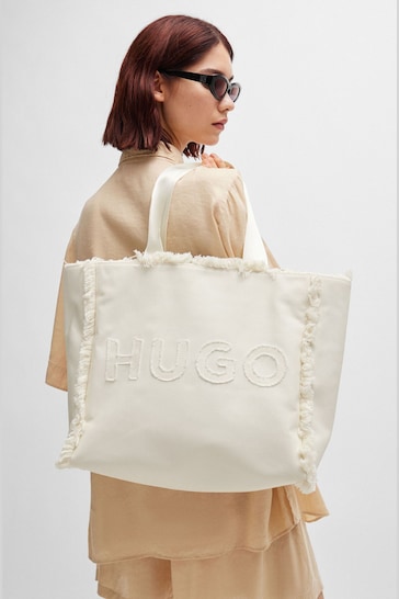 HUGO Logo White Tote Bag With Fringe Detailing