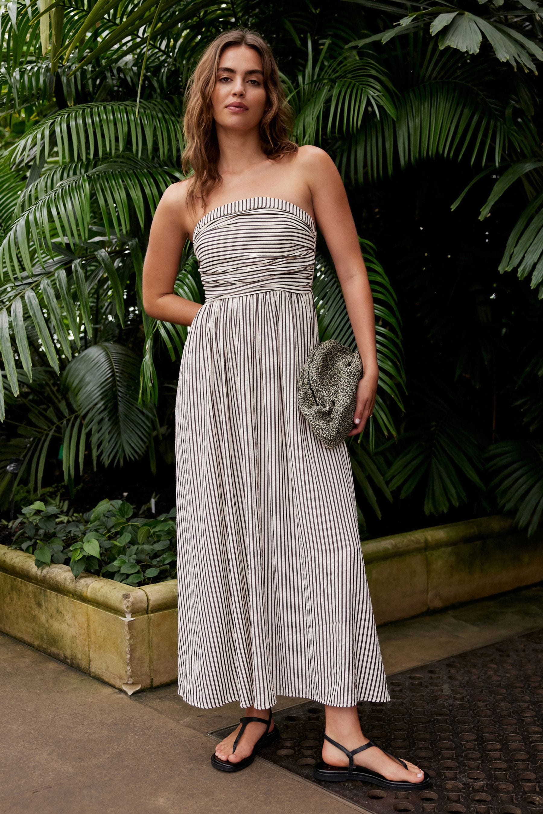 Black White Textured Bandeau Midi Dress
