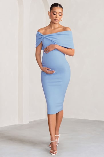 Club L London Blue Maternity Alyssa Bardot Bow Midi Dress with Ruching