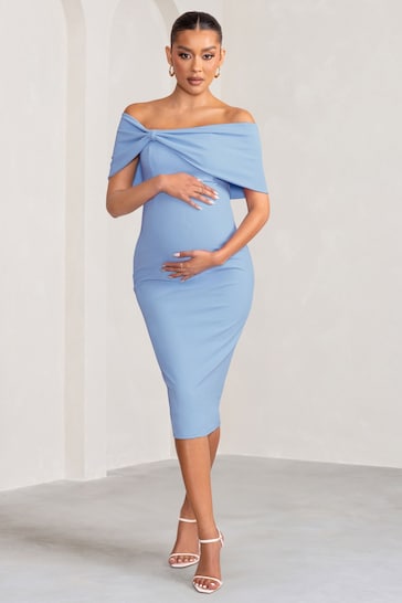 Club L London Blue Maternity Alyssa Bardot Bow Midi Dress with Ruching