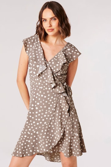 Apricot Grey Painterly Dot Ruffle Wrap Mini Dress