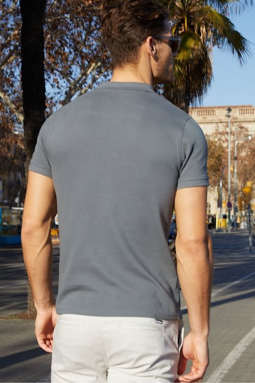 Threadbare Dark Grey Cotton Polo Shirt With Herringbone Detail Collar