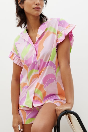 Oliver Bonas Abstract Palm Pink Top & Shorts Pyjama Set