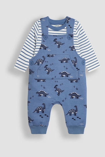 JoJo Maman Bébé Blue Dinosaur Print Dungarees And Top Set