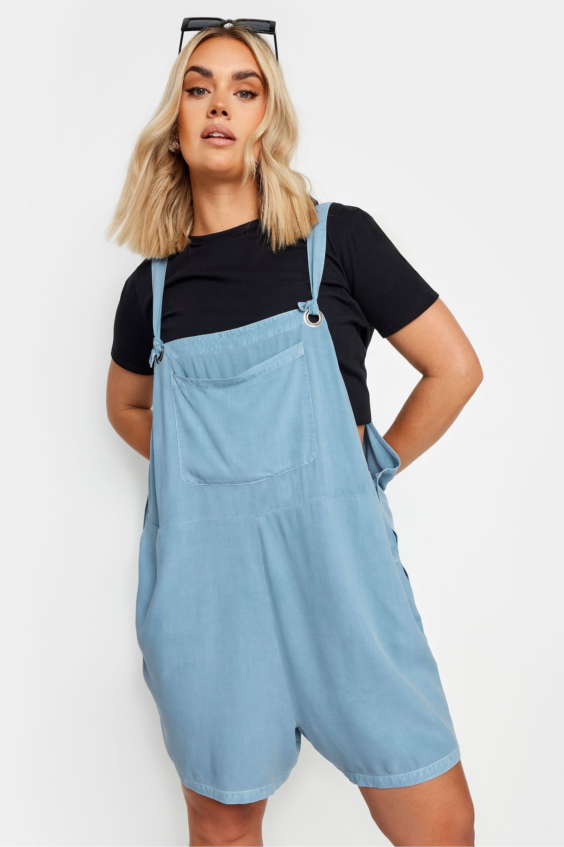 Yours Curve Blue 100 Cotton Limited Dungaree Shorts