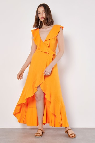 Apricot Orange Ruffle Wrap Hi-Lo Linen Mix Dress