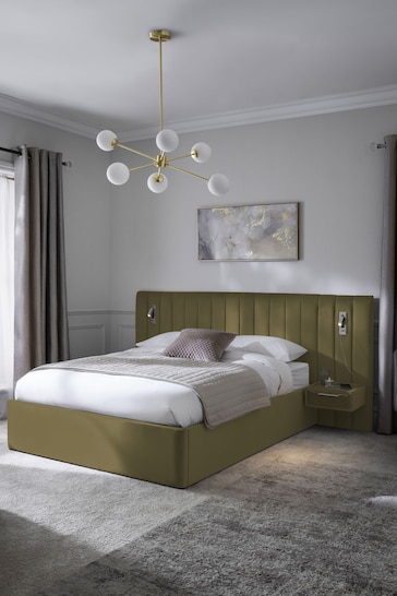 Soft Velvet Sage Green Mayfair Upholstered Hotel Bed Frame with Ottoman Storage Bedside Tables and Lights