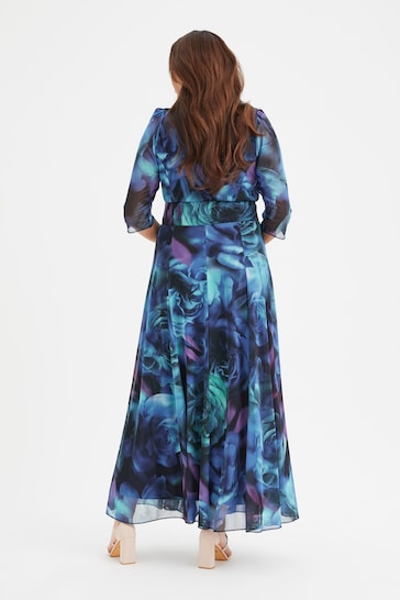 Scarlett & Jo Blue & Black Multi Rose Elizabeth Print Mesh Maxi Gown