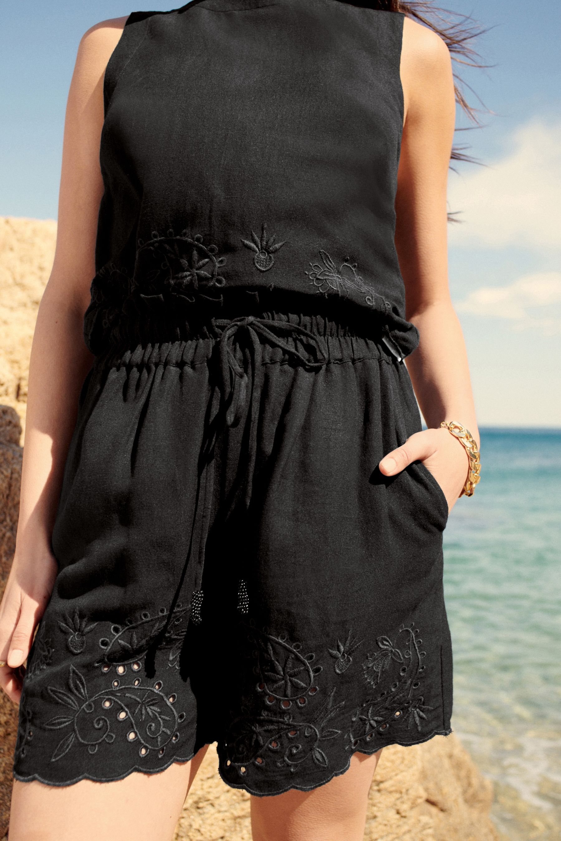 Black Coord Embroidered Shorts