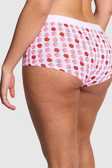 Victoria's Secret PINK Optic White Strawberry Print Cotton Logo Boyshort Knickers