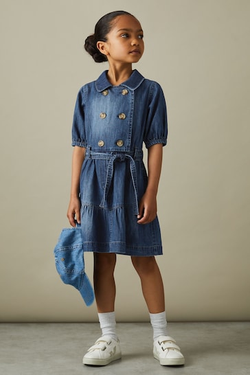 Reiss Blue Marina Teen Denim Puff Sleeve Belted Dress