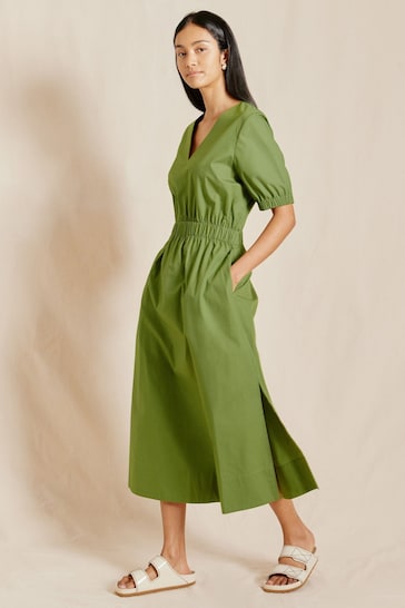 Albaray Green Elastic Waist V-Neck Dress