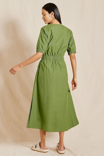 Albaray Green Elastic Waist V-Neck Dress