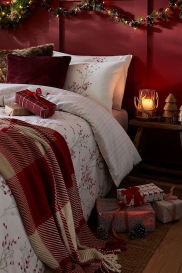 Laura Ashley Red Brushed Cotton Christmas Pussy Willow Duvet Cover & Pillowcase Set