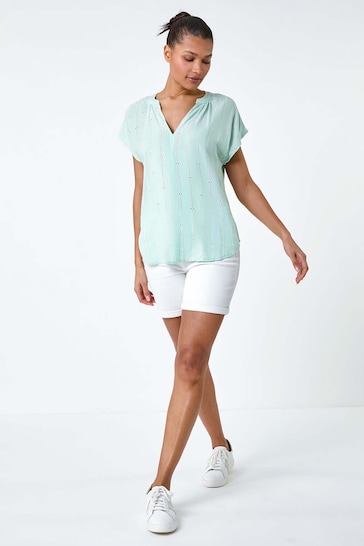 Roman Green Embroidered Stripe Notch Blouses