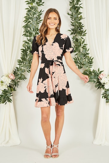 Mela Black Blossom Print Wrap Dress With Puff Sleeves