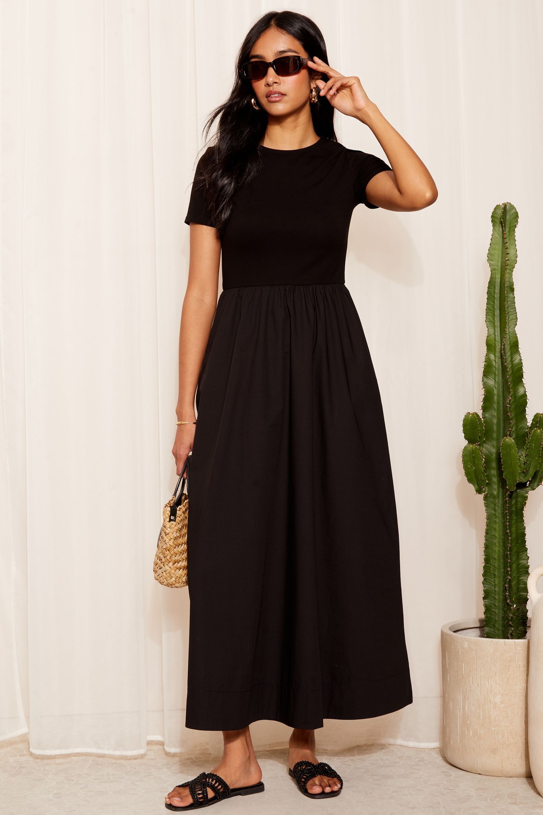 Friends Like These Black Jersey and Woven Mix T Shirt Midi Dress