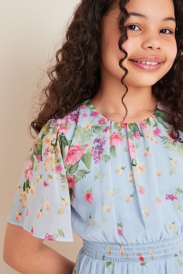 Love & Roses Blue Floral Flutter Sleeve Pleated Dress (5-16yrs)