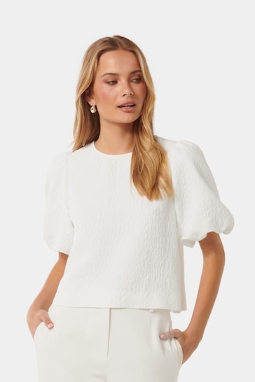 Forever New White Nara Textured Bubble Sleeves Top