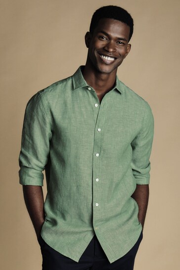 Charles Tyrwhitt Green Slim Fit Plain Short Sleeve Pure Linen Full Sleeves Shirt
