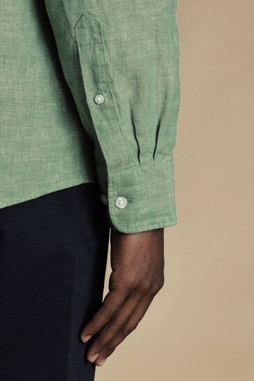 Charles Tyrwhitt Green Slim Fit Plain Short Sleeve Pure Linen Full Sleeves Shirt