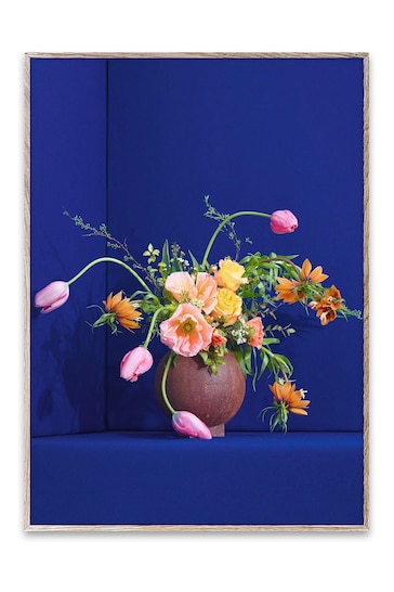 Paper Collective Blue Blomst 01 Framed Wall Art Print in Natural Oak Frame