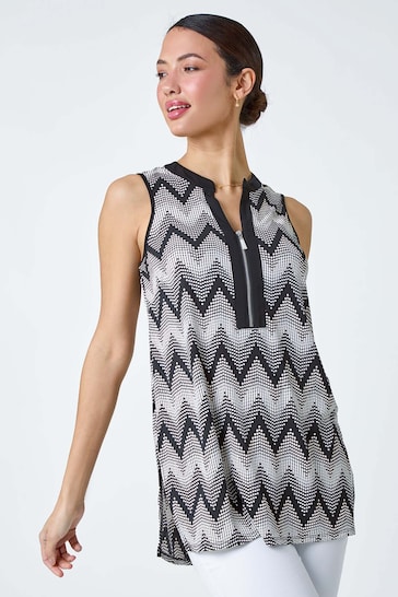 Roman Black Zip Neck Chevron Puff Print Top