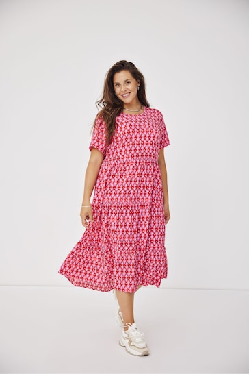 ONLY Curve Pink Printed Short Sleeve Tiered Maxi Dress