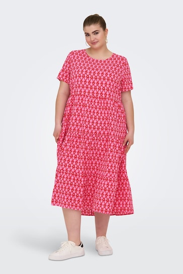 ONLY Curve Pink Printed Short Sleeve Tiered Maxi Dress