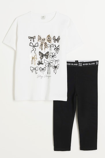 River Island White Girls Leopard Bow T-Shirt and Pedal Legging Set