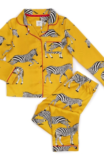Chelsea Peers Yellow Kids Satin Mustard Zebra Print Long Pyjama Set
