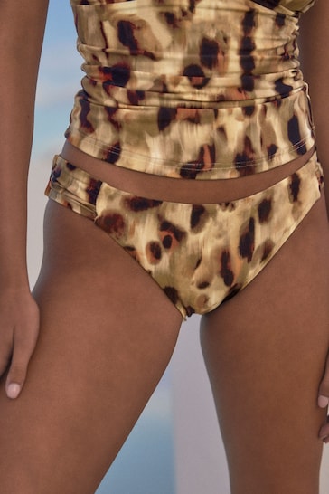 Brown Leopard Ruched Side High Leg Bikini Bottoms