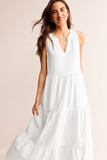 Boden White Double Cloth Maxi Tiered Dress