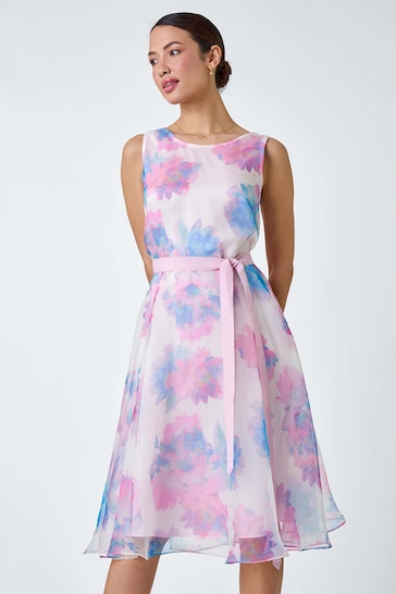 Roman Pink Floral Print Organza Fit & Flare Dress