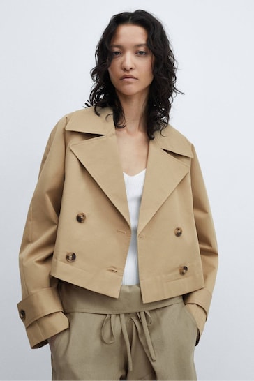Mango Cropped Brown Trench Jacket With Lapels