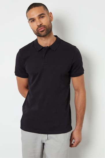 Threadbare Black Cotton Polo Shirt With Herringbone Detail Collar