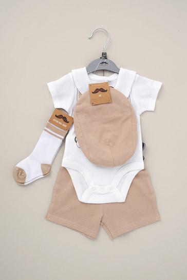 Little Gent Natural Printed Bodysuit Linen Shorts Flat Cap And Socks Outfit Set