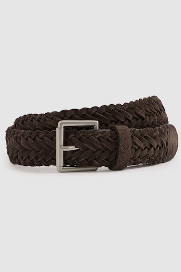 Reiss Chocolate Brown Charlie Suede Woven Belt