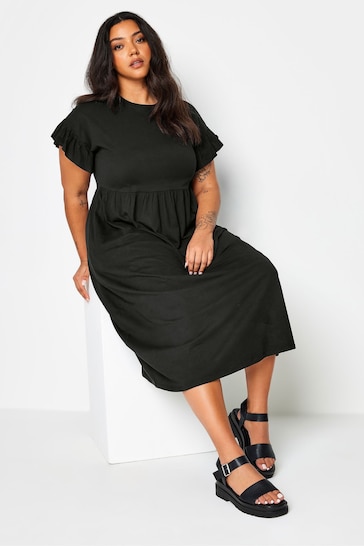 Yours Curve Black Pure Cotton Frill Sleeve Midaxi Dress