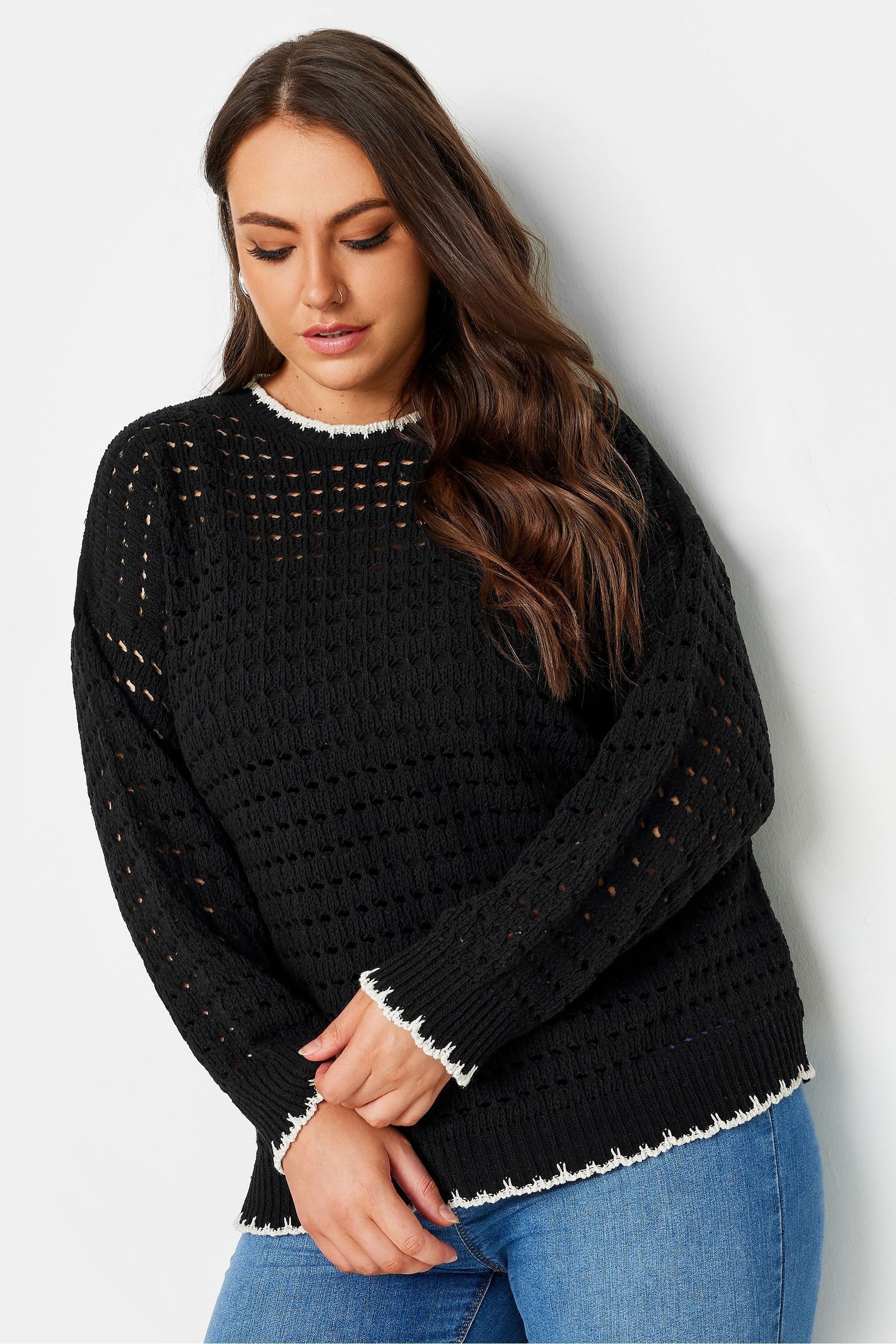 Yours Curve Black Tipped Edge Crochet Jumper