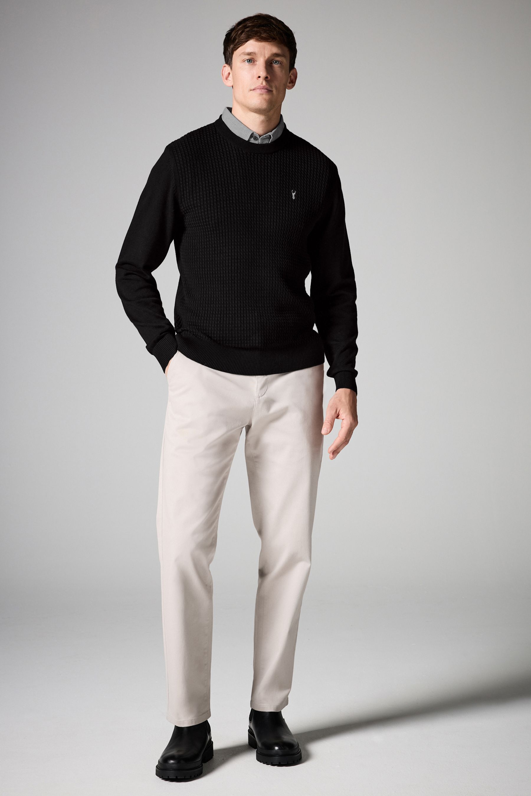 Black Mini Cable Crew Neck Regular Mock 100 Cotton Shirt Jumper